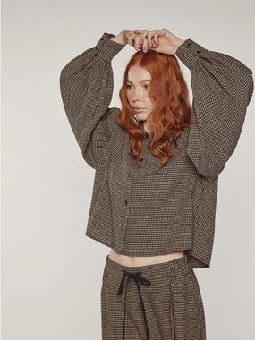 Checked Balloon-Sleeve Button-Up Blouse in Brown Check